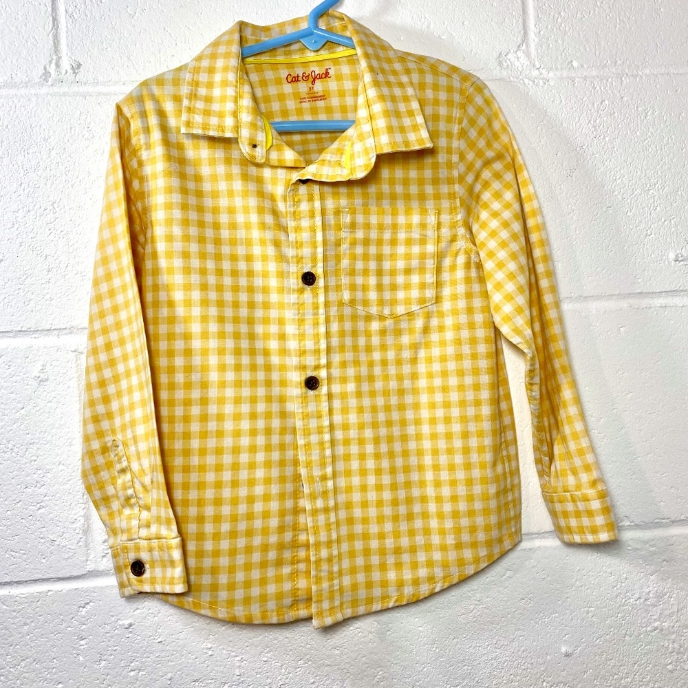 Cat & Jack Yellow Gingham Checkered Long Sleeve Button Down Shirt Size 5T